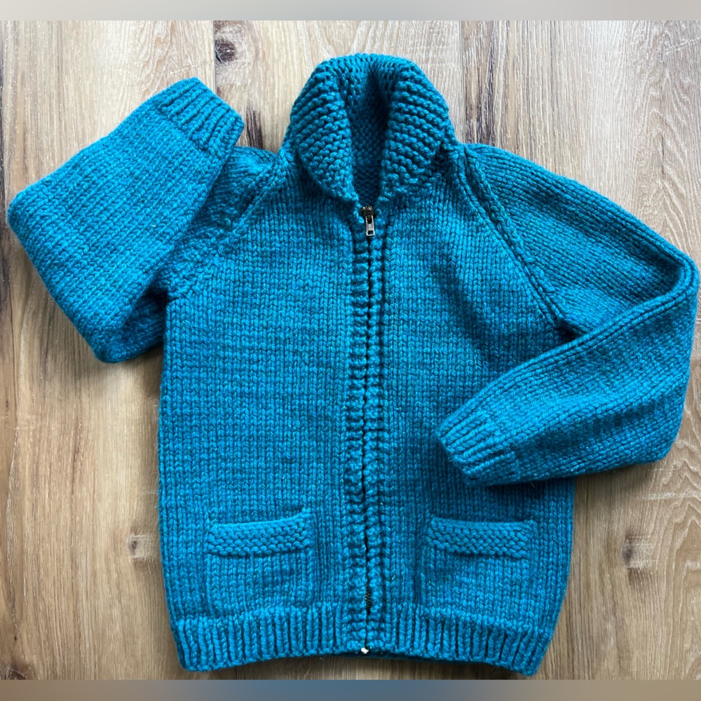 Handmade Hand Knit Youth Sweater Coat Shawl Collar Teal Green Zip Jacket OOAK